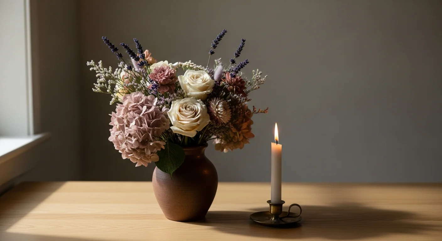 Schlichter Blumenstrauß neben einer brennenden Kerze auf einem hellen Holztisch